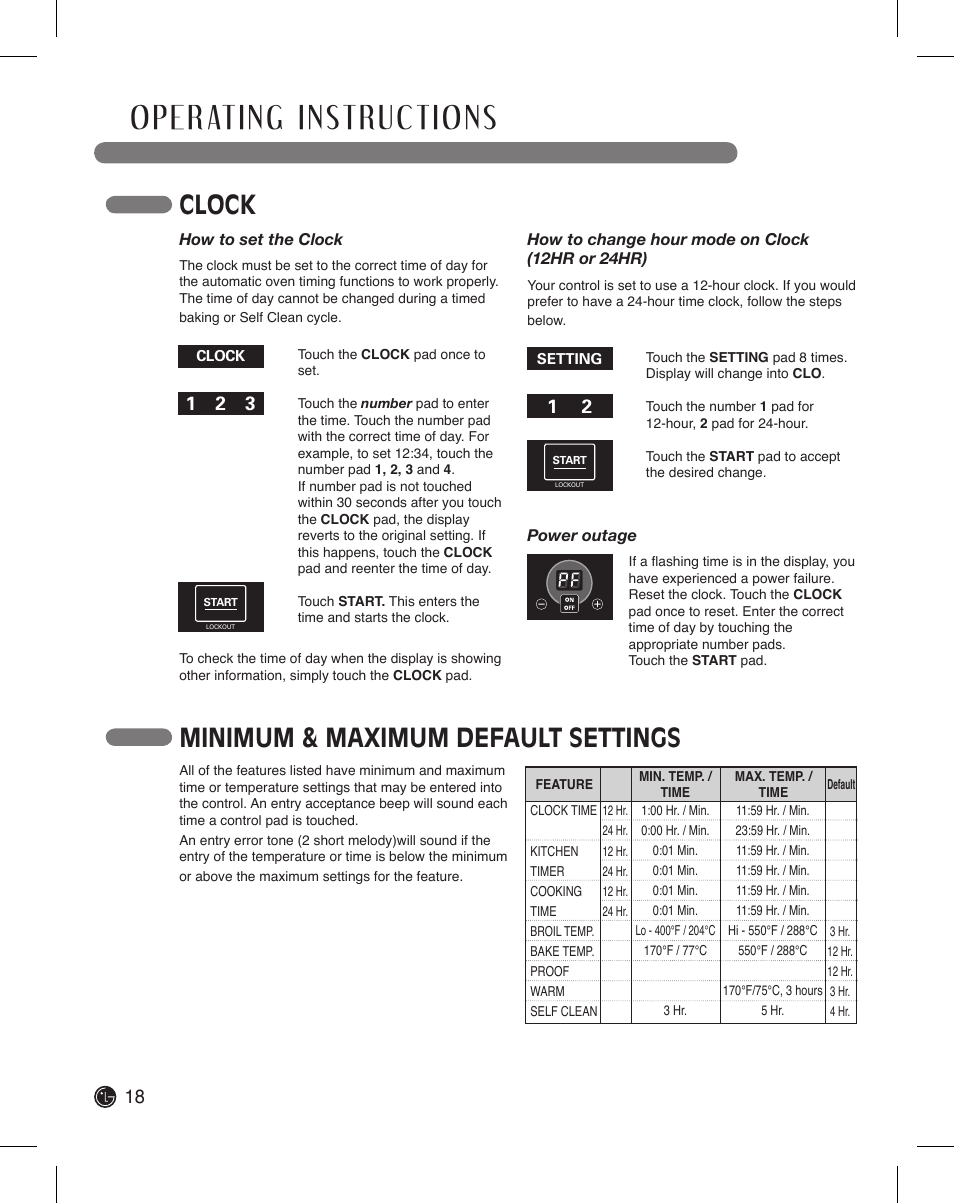 Clock, Minimum & maximum default settings | LG LDE3015SB User Manual | Page 18 / 47