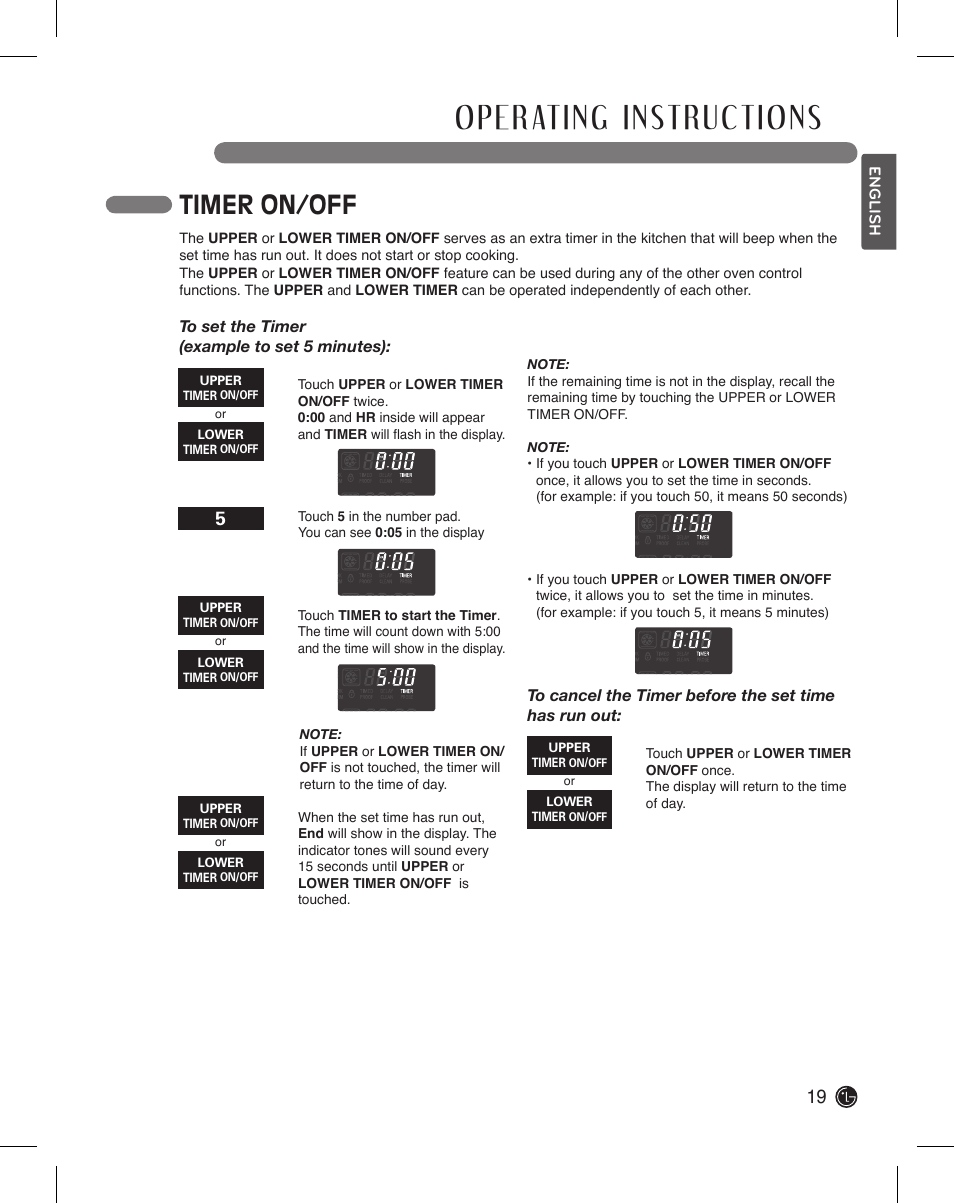 Timer on/off | LG LDE3015SB User Manual | Page 19 / 47