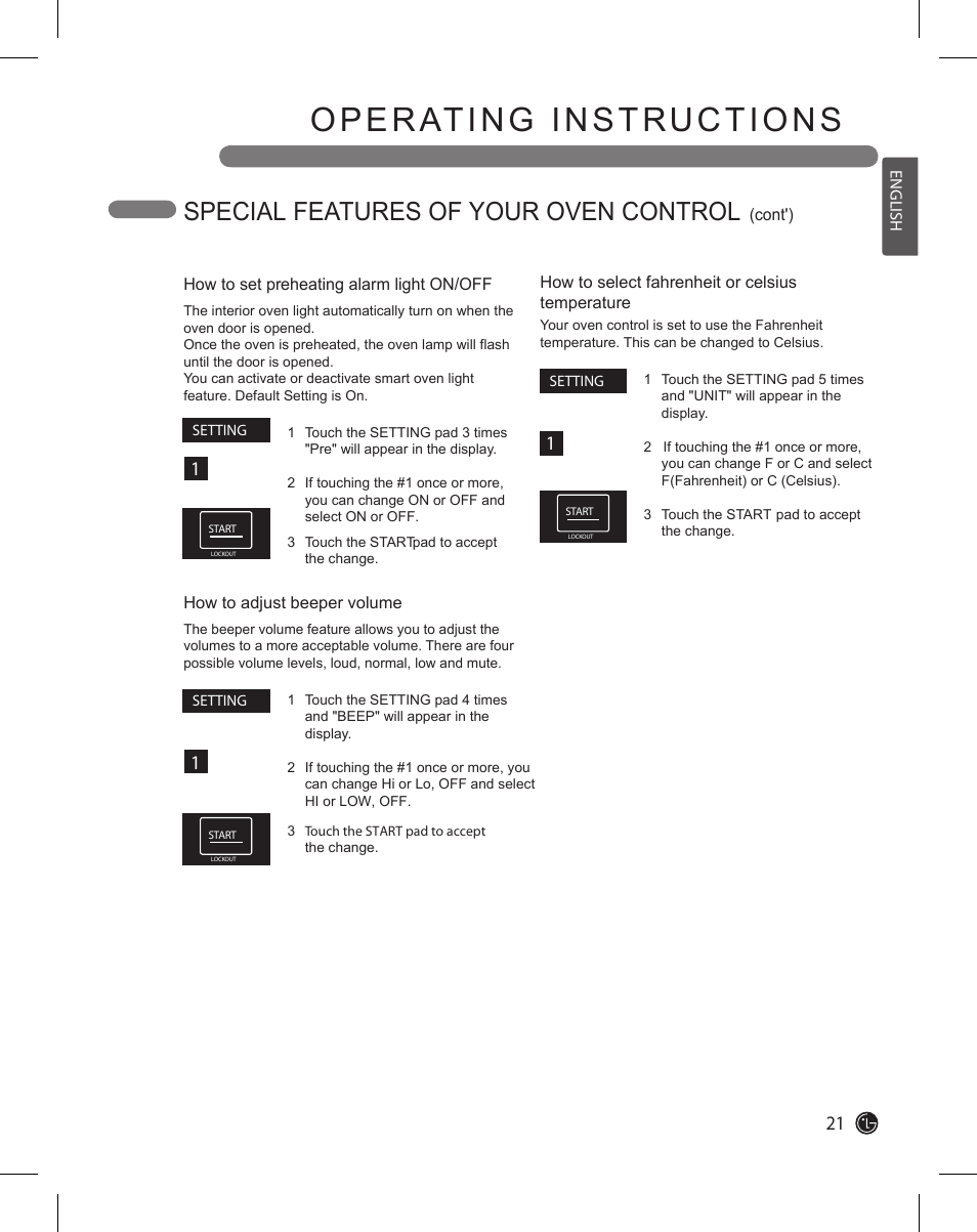 Operating instructions, Special features of your oven control | LG LDE3015SB User Manual | Page 21 / 47