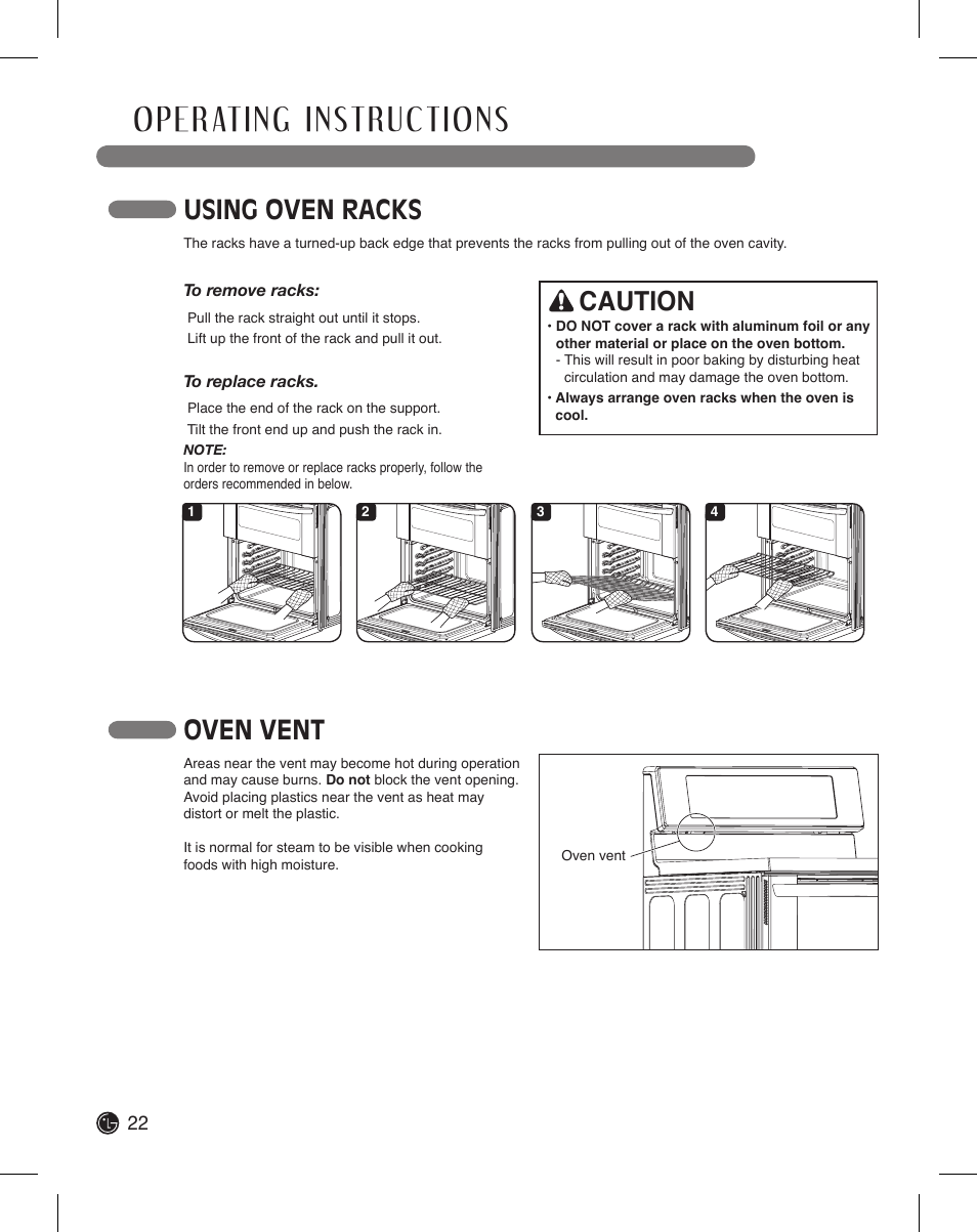 Using oven racks, Caution, Oven vent | LG LDE3015SB User Manual | Page 22 / 47