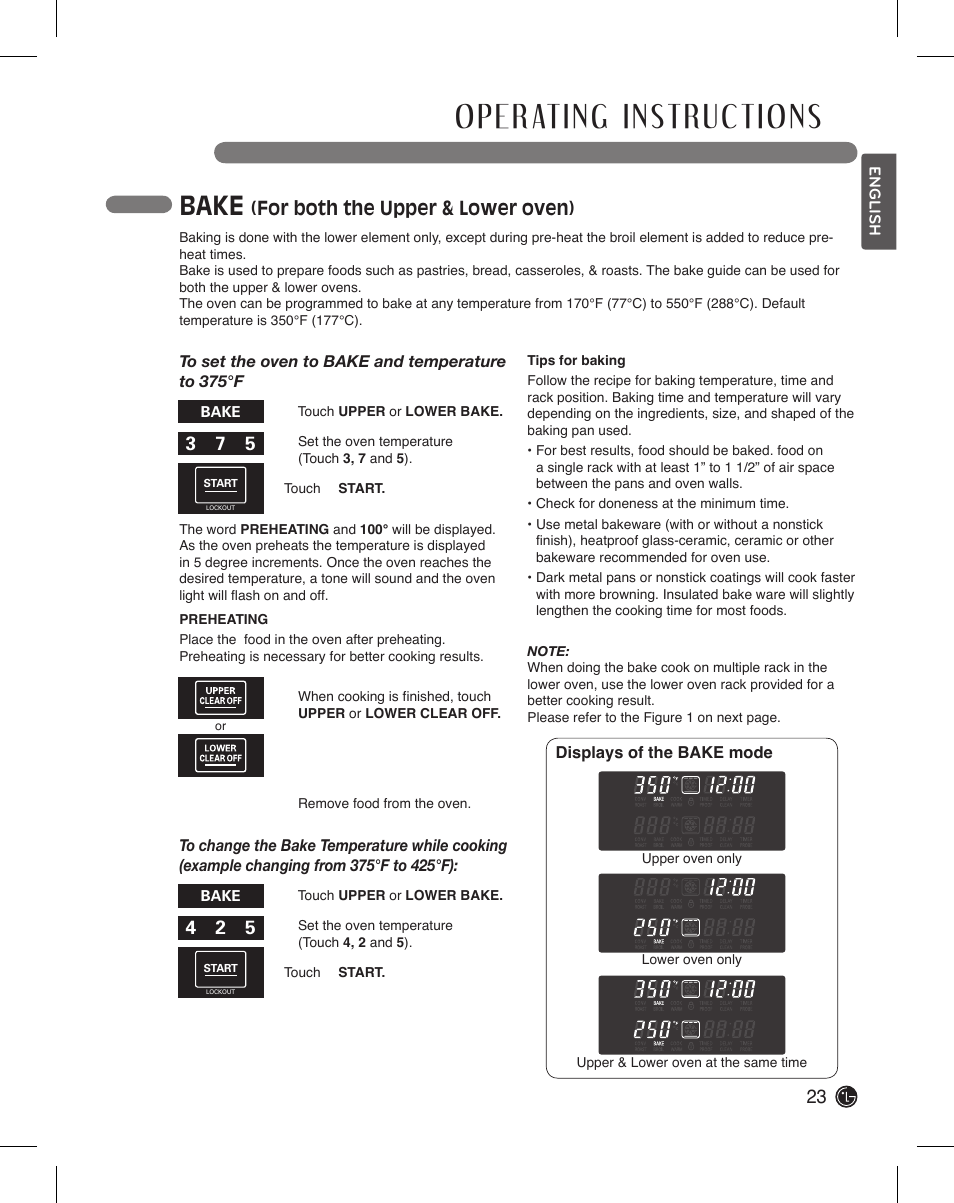 Bake, For both the upper & lower oven) | LG LDE3015SB User Manual | Page 23 / 47