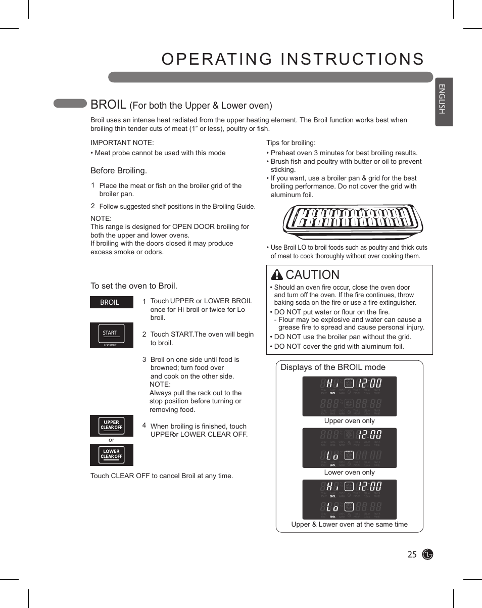 Operating instructions, Broil, Caution | For both the upper & lower oven) | LG LDE3015SB User Manual | Page 25 / 47
