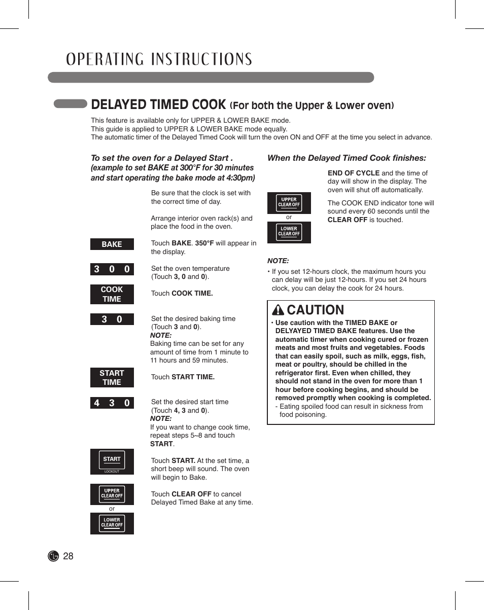 Delayed timed cook, Caution, For both the upper & lower oven) | LG LDE3015SB User Manual | Page 28 / 47
