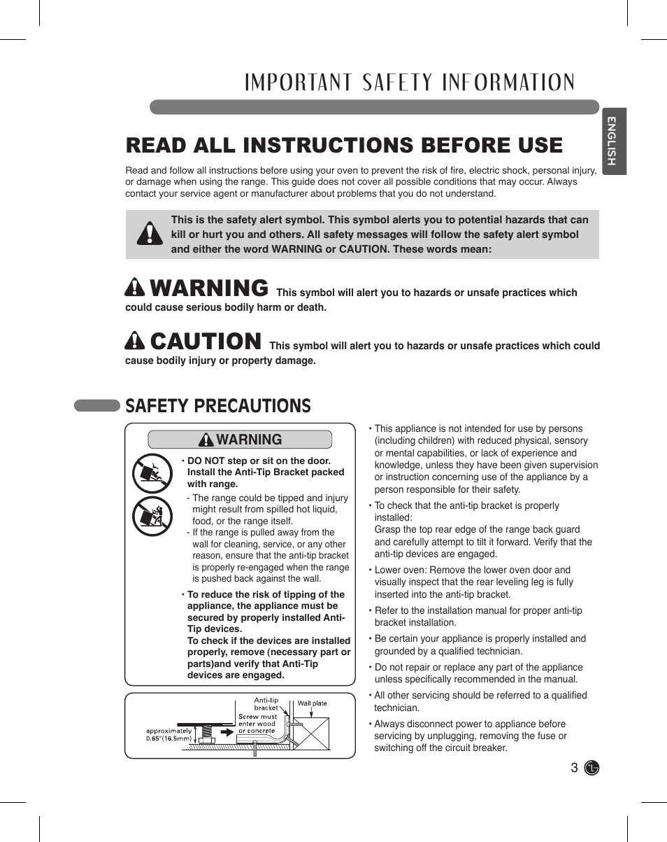 Warning, Caution, Read all instructions before use | Safety precautions | LG LDE3015SB User Manual | Page 3 / 47