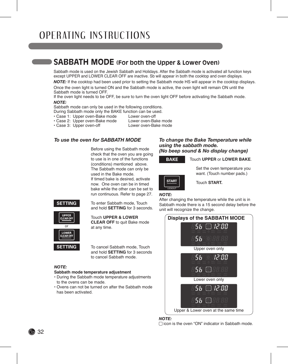 Sabbath mode, For both the upper & lower oven) | LG LDE3015SB User Manual | Page 32 / 47