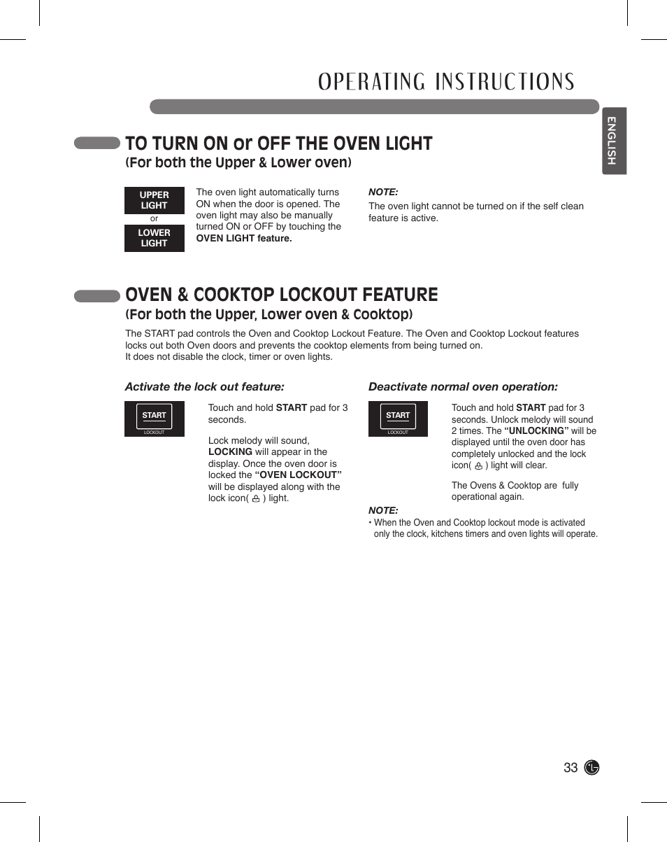 Oven & cooktop lockout feature, For both the upper, lower oven & cooktop), For both the upper & lower oven) | LG LDE3015SB User Manual | Page 33 / 47