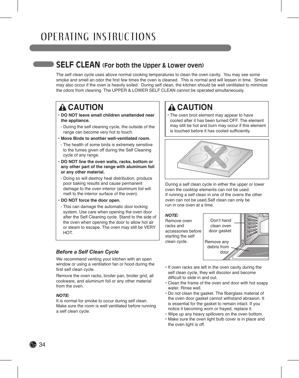 Self clean, Caution, For both the upper & lower oven) | LG LDE3015SB User Manual | Page 34 / 47