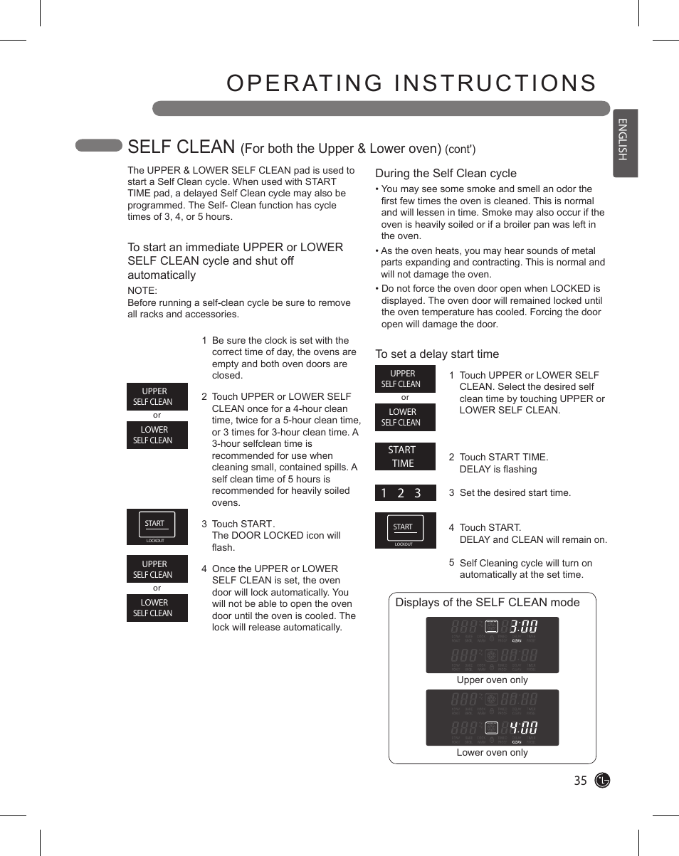 Operating instructions, Self clean, For both the upper & lower oven) | LG LDE3015SB User Manual | Page 35 / 47
