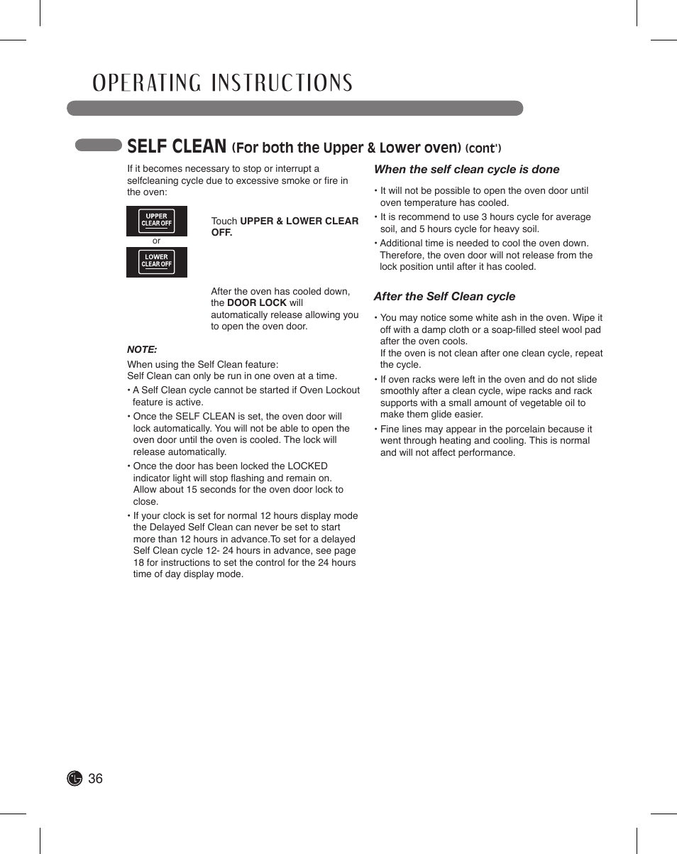 Self clean, For both the upper & lower oven) | LG LDE3015SB User Manual | Page 36 / 47