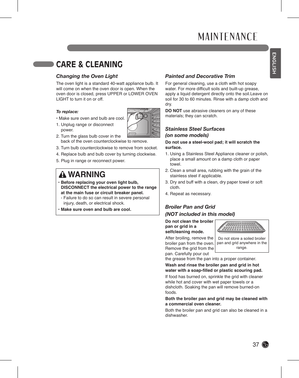 Care & cleaning, Warning | LG LDE3015SB User Manual | Page 37 / 47