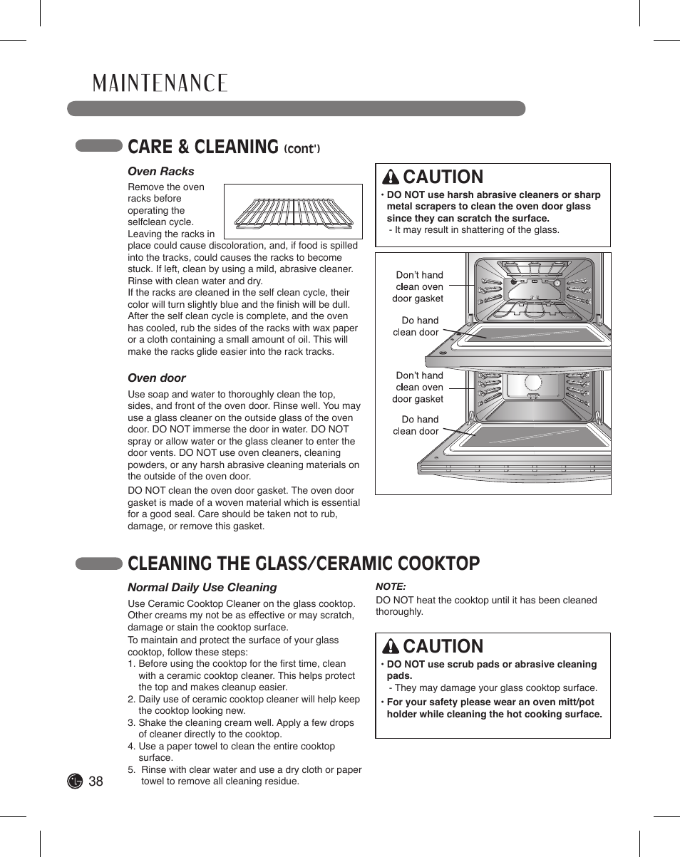 Care & cleaning, Caution, Cleaning the glass/ceramic cooktop | LG LDE3015SB User Manual | Page 38 / 47