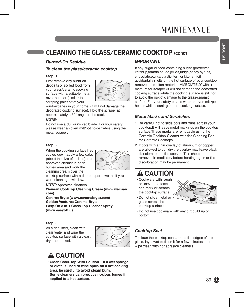 Cleaning the glass/ceramic cooktop, Caution | LG LDE3015SB User Manual | Page 39 / 47