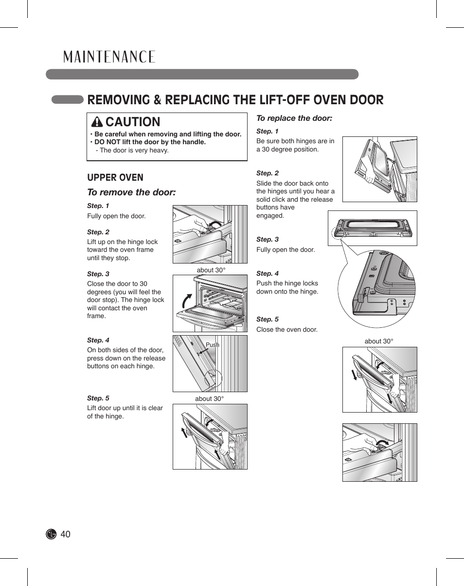 Removing & replacing the lift-off oven door, Caution, Upper oven to remove the door | LG LDE3015SB User Manual | Page 40 / 47