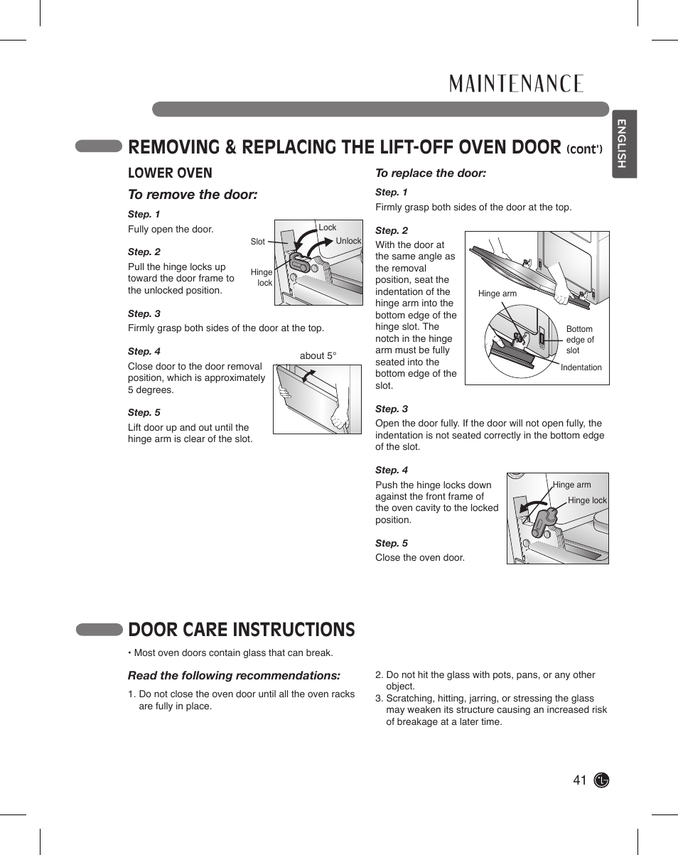 Removing & replacing the lift-off oven door, Door care instructions, Lower oven to remove the door | LG LDE3015SB User Manual | Page 41 / 47