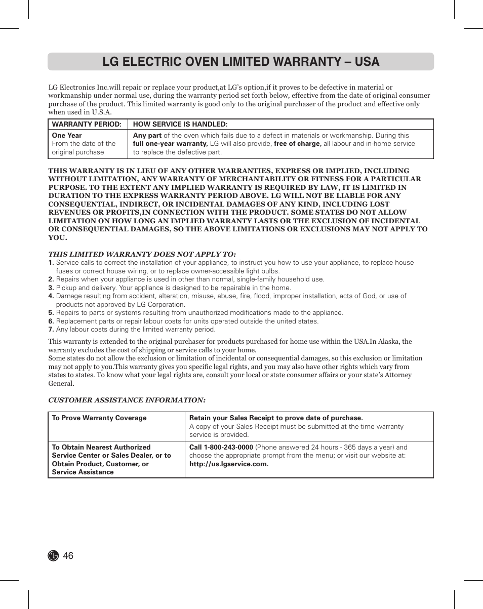 Lg electric oven limited warranty – usa | LG LDE3015SB User Manual | Page 46 / 47