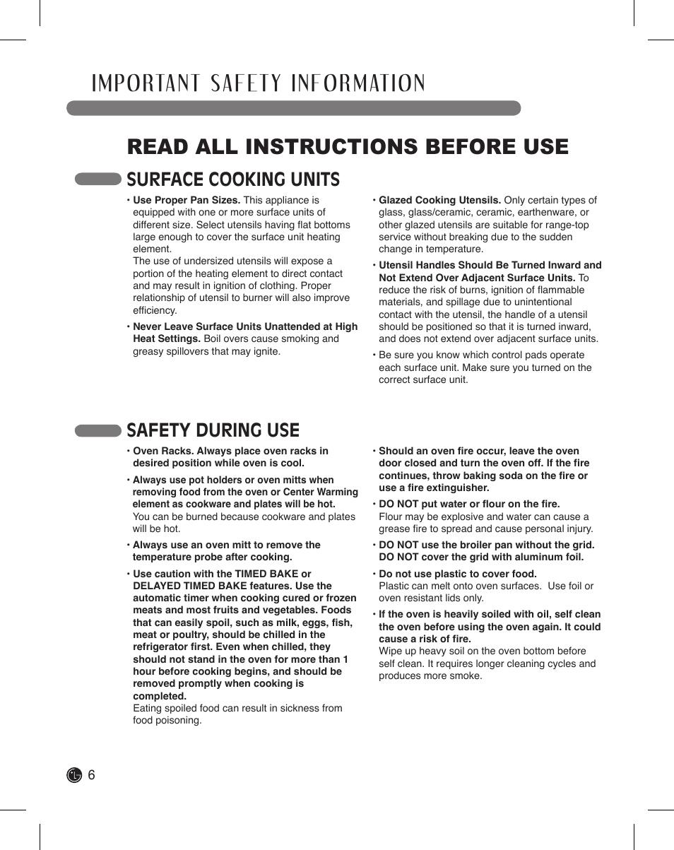 Read all instructions before use, Surface cooking units, Safety during use | LG LDE3015SB User Manual | Page 6 / 47