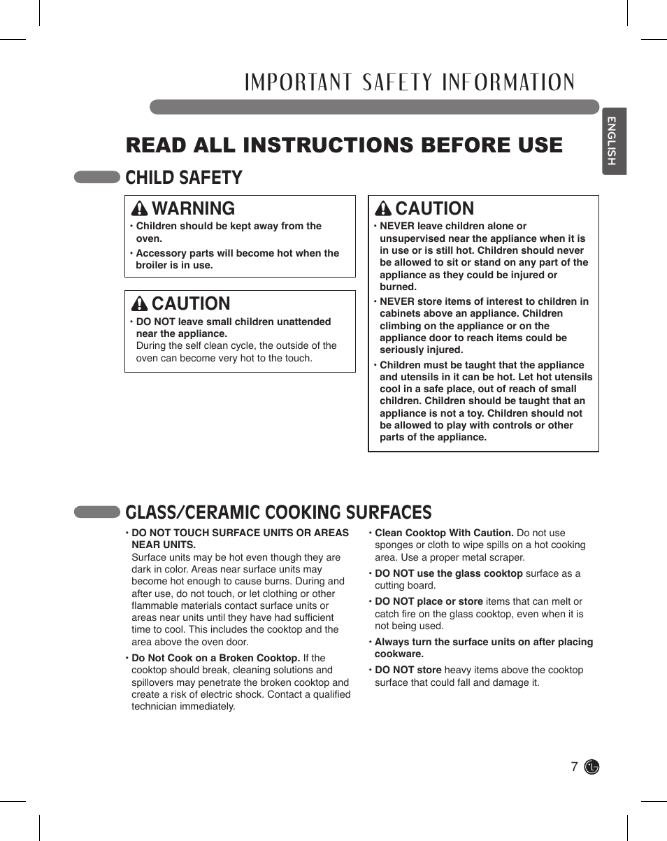 Read all instructions before use, Child safety glass/ceramic cooking surfaces, Warning | Caution | LG LDE3015SB User Manual | Page 7 / 47