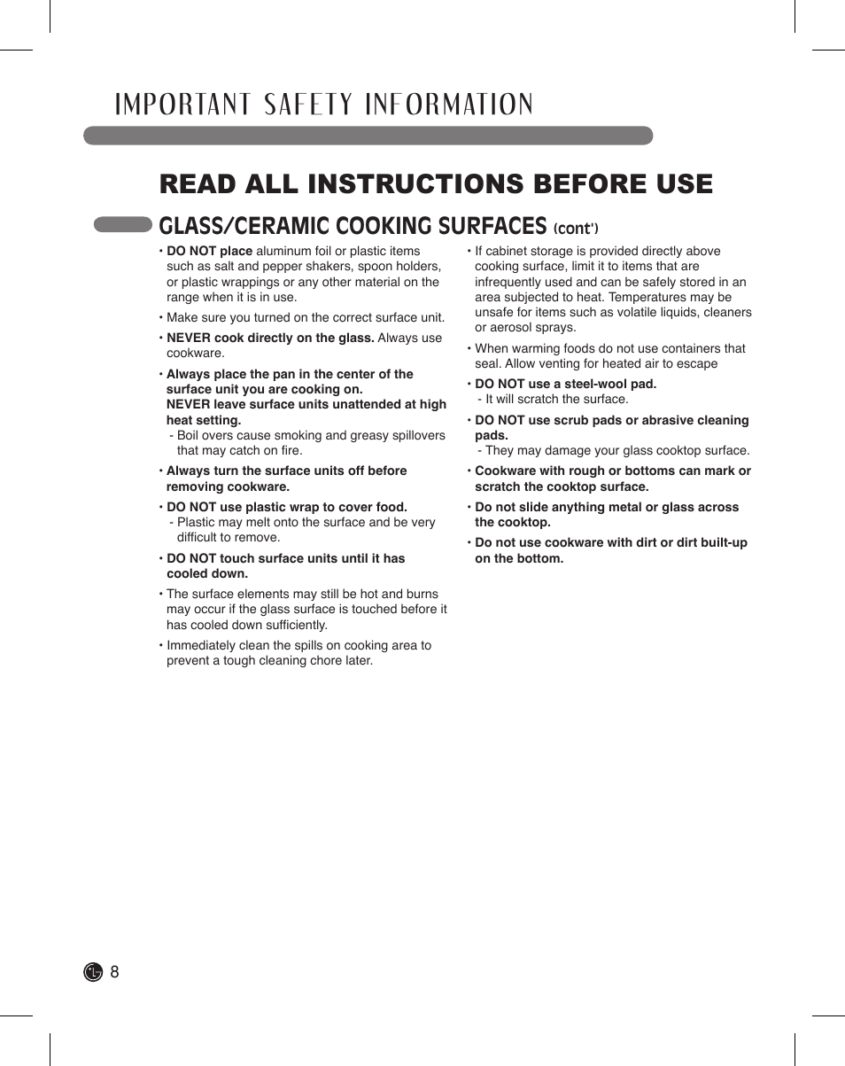 Read all instructions before use, Glass/ceramic cooking surfaces | LG LDE3015SB User Manual | Page 8 / 47