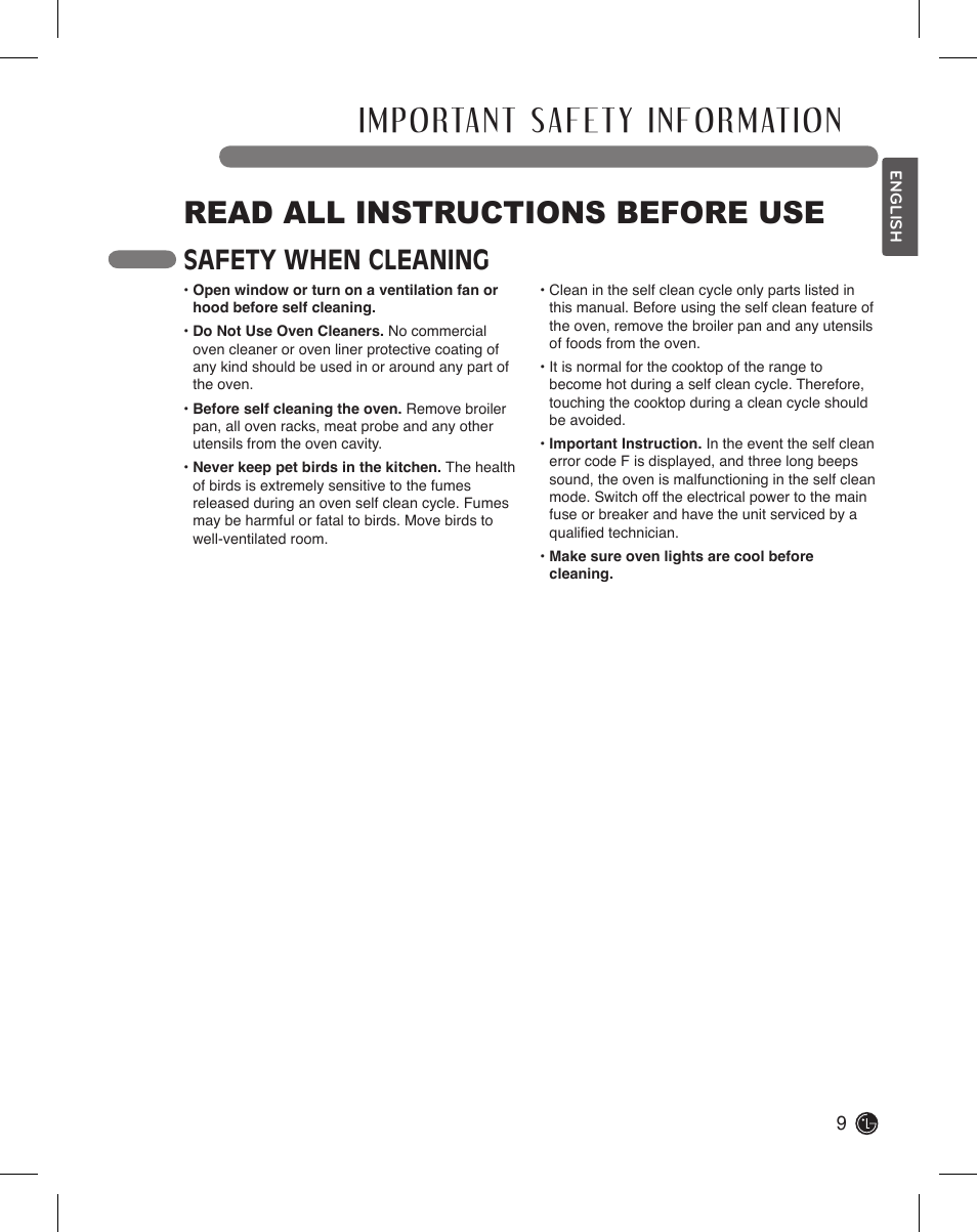 Read all instructions before use, Safety when cleaning | LG LDE3015SB User Manual | Page 9 / 47