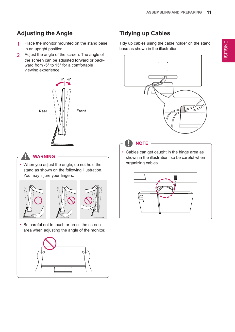 Adjusting the angle, Tidying up cables | LG 34UM95-P User Manual | Page 11 / 38