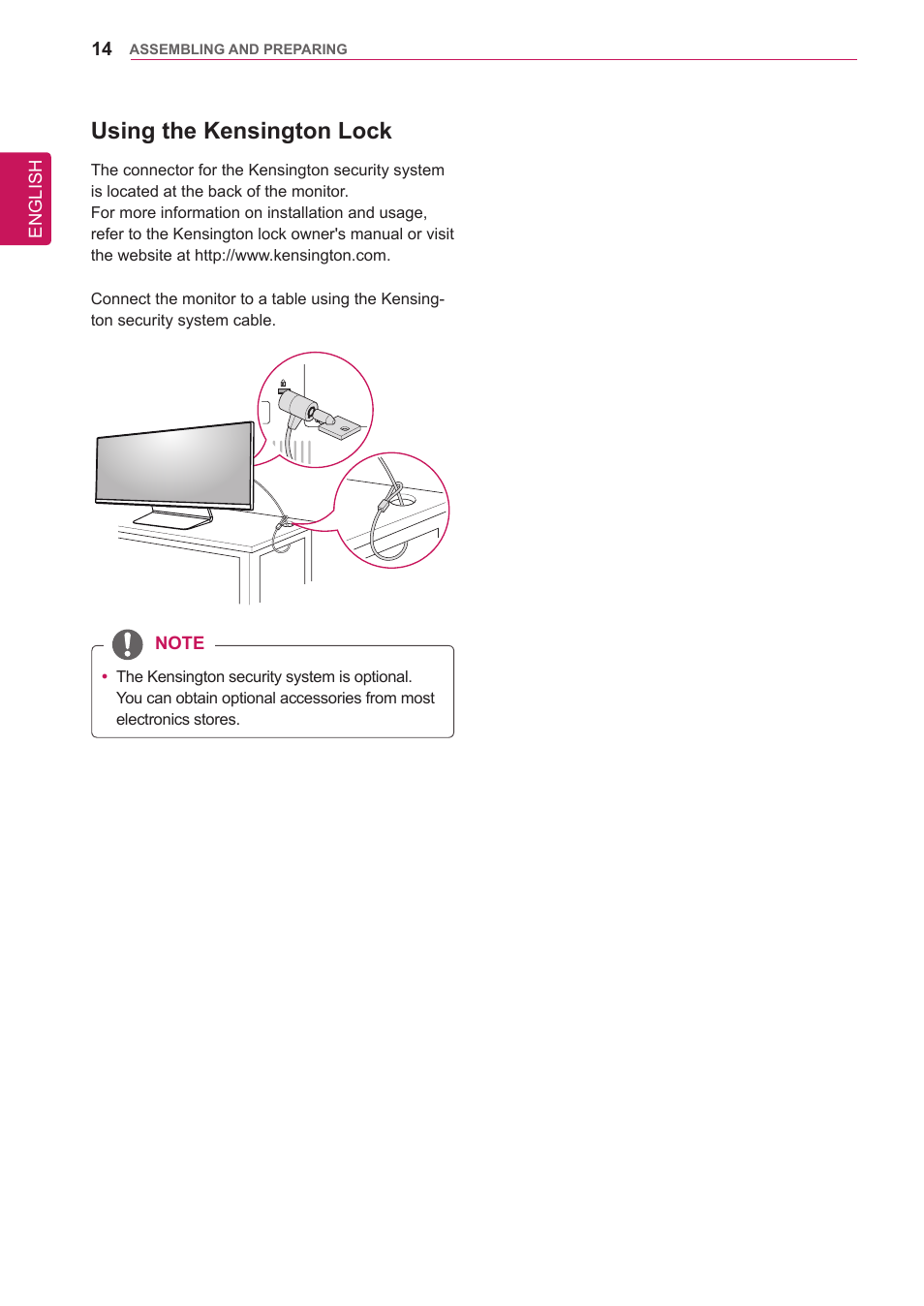 Using the kensington lock | LG 34UM95-P User Manual | Page 14 / 38