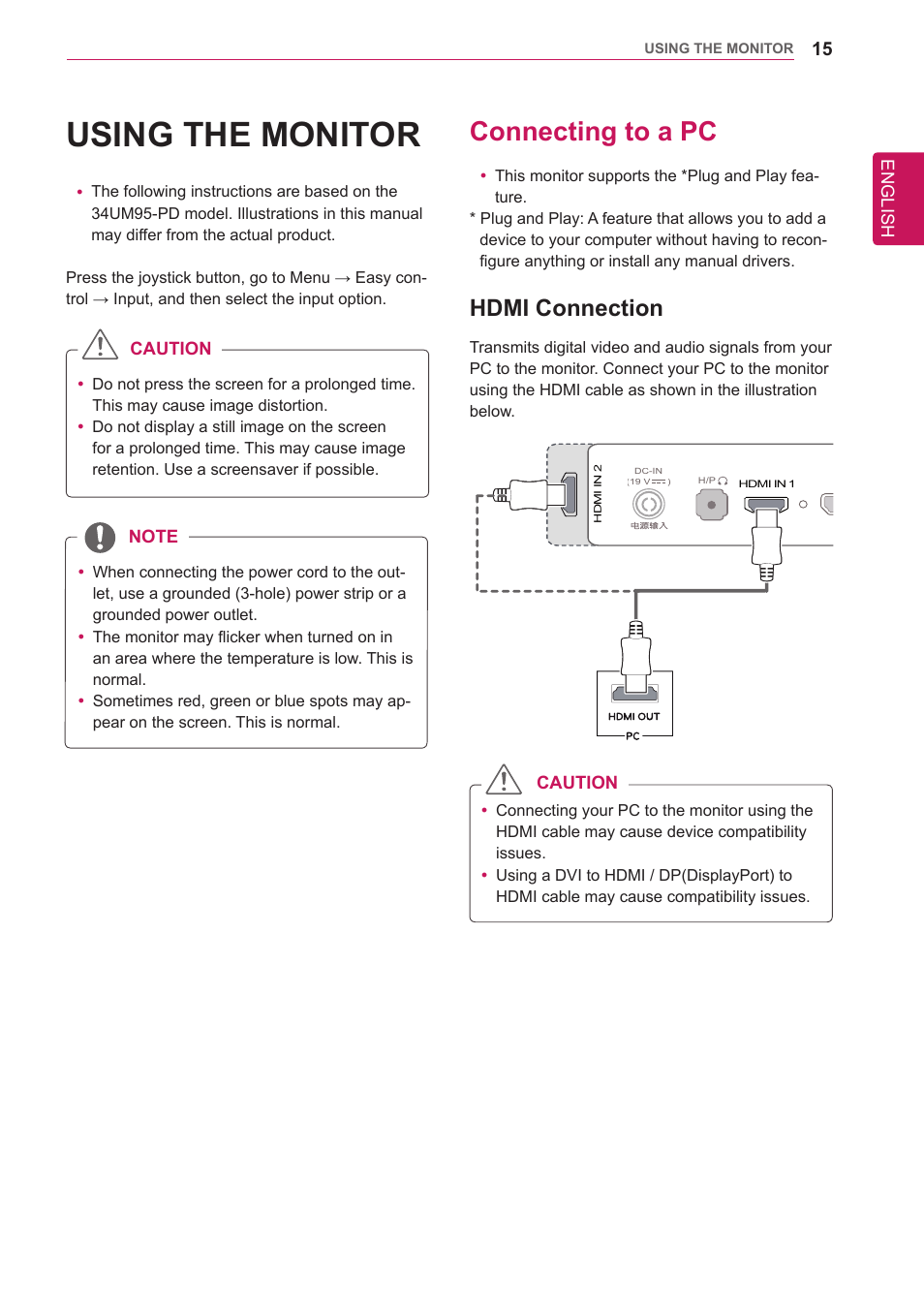 Using the monitor, Connecting to a pc, Hdmi connection | 15 connecting to a pc 15, English, Caution | LG 34UM95-P User Manual | Page 15 / 38