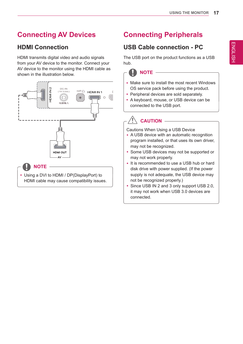 Connecting av devices, Hdmi connection, Connecting peripherals | Usb cable connection - pc, 17 connecting av devices 17, 17 connecting peripherals 17, English, Caution | LG 34UM95-P User Manual | Page 17 / 38