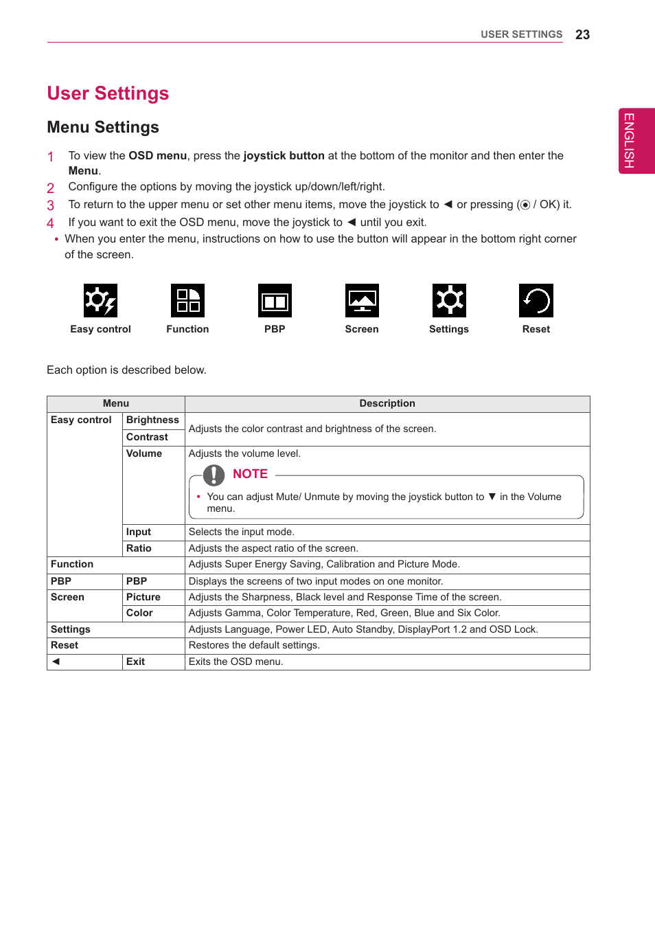 User settings, Menu settings, 23 user settings 23 | LG 34UM95-P User Manual | Page 23 / 38