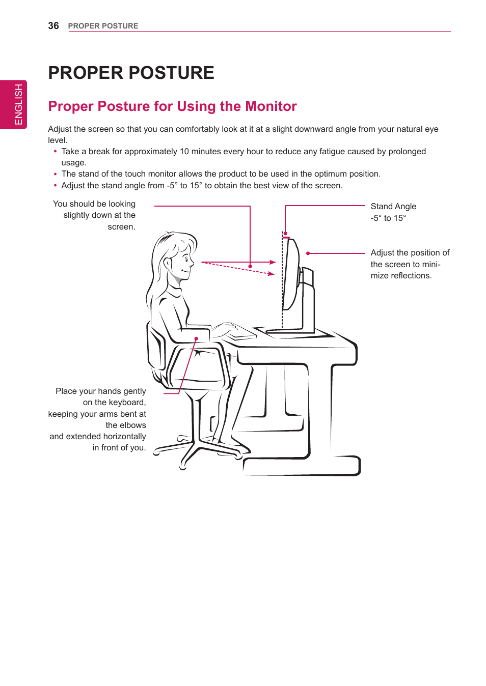 Proper posture, Proper posture for using the monitor, 36 proper posture for using the monitor | LG 34UM95-P User Manual | Page 36 / 38