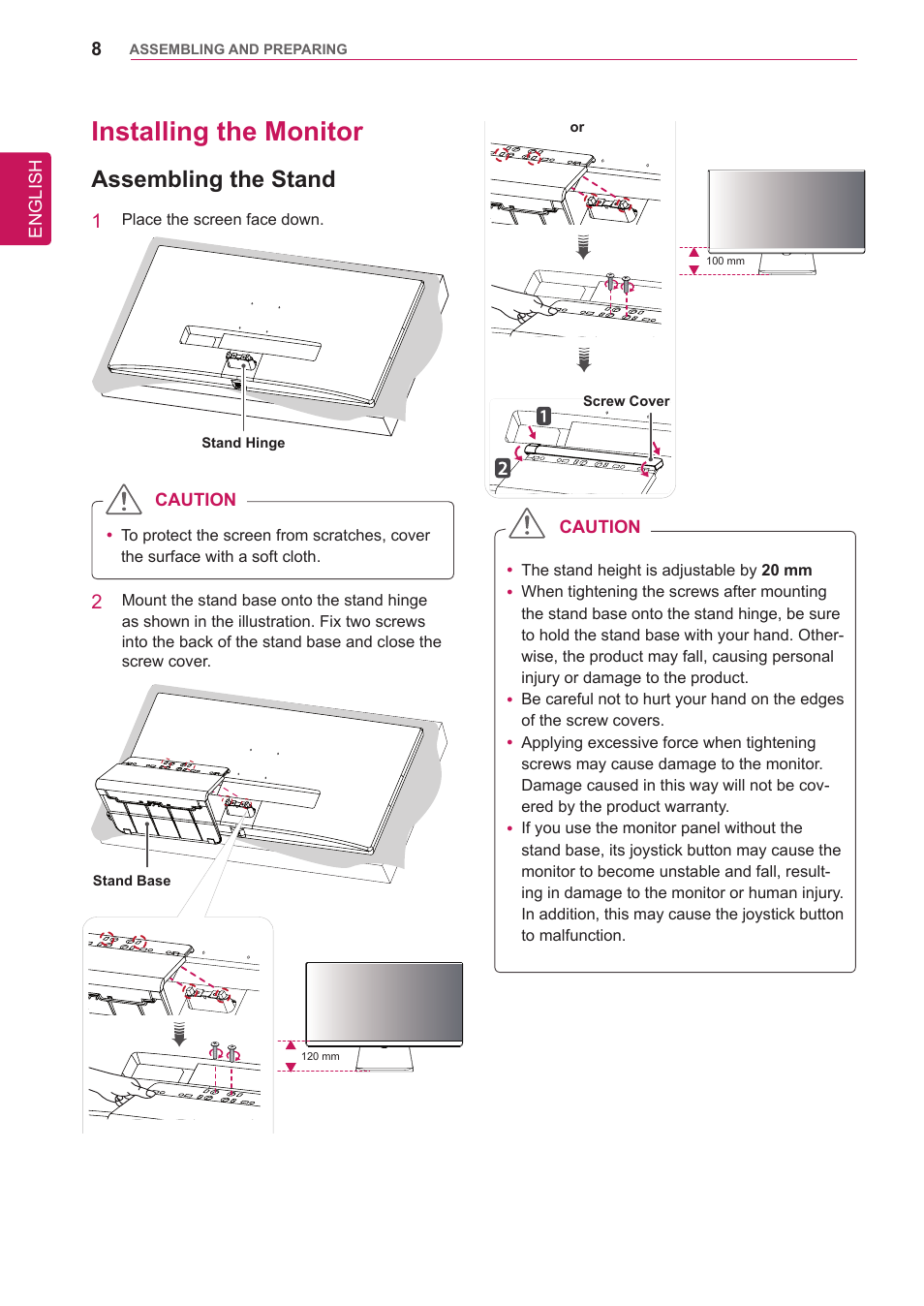 Installing the monitor, Assembling the stand | LG 34UM95-P User Manual | Page 8 / 38