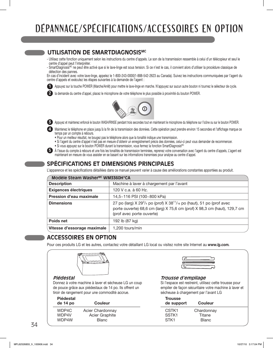 Dépannage/spécifications/accessoires en option, Accessoires en option, Spécifications et dimensions principales | Utilisation de smartdiagnosis | LG WM3360HRCA User Manual | Page 106 / 108