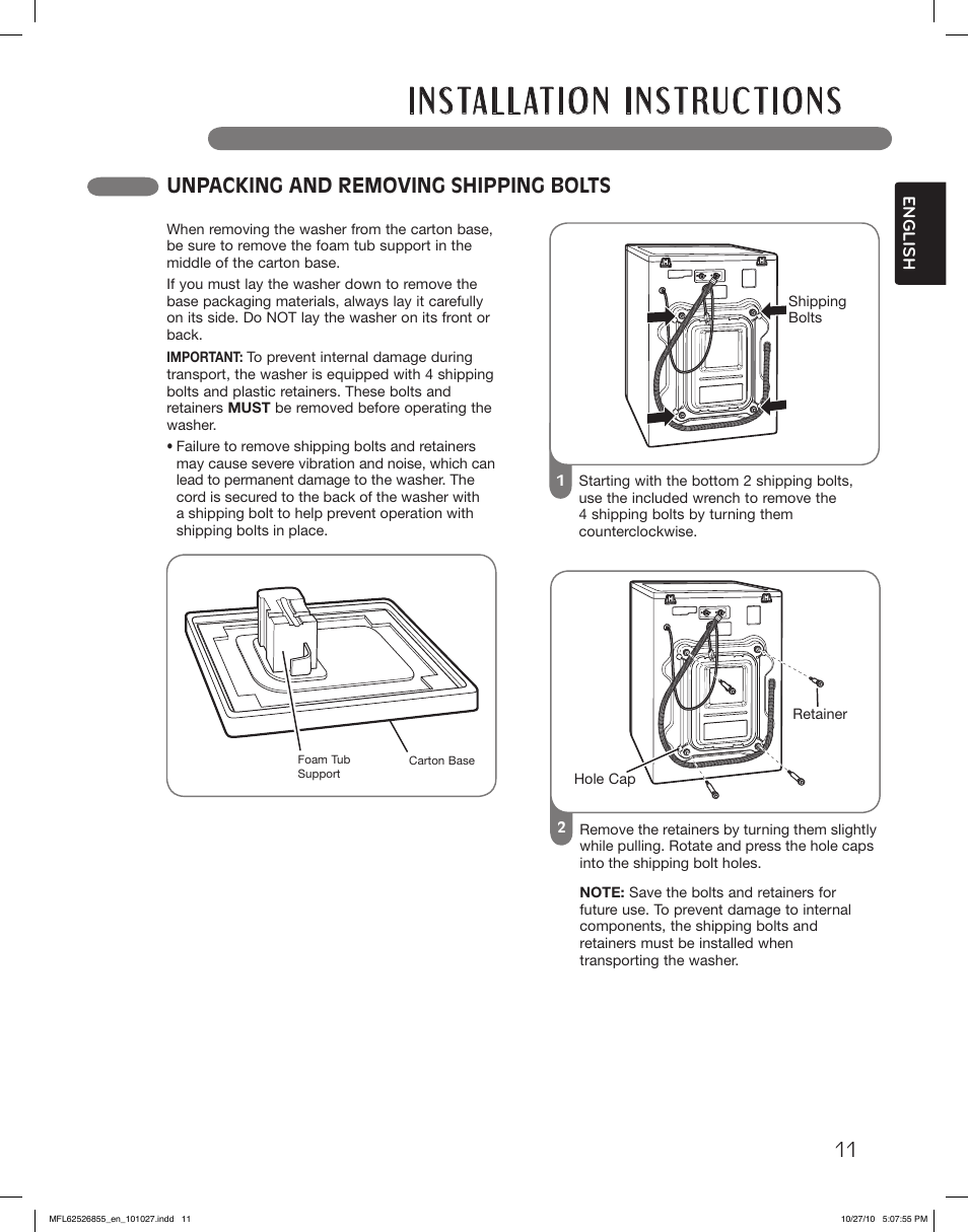 Unpacking and removing shipping bolts | LG WM3360HRCA User Manual | Page 11 / 108