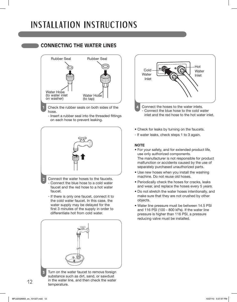 Connecting the water lines | LG WM3360HRCA User Manual | Page 12 / 108