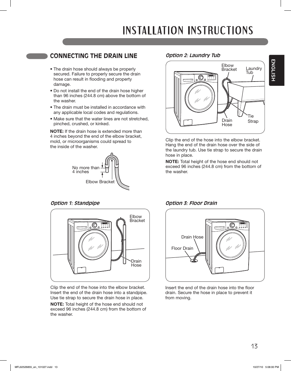 Connecting the drain line | LG WM3360HRCA User Manual | Page 13 / 108