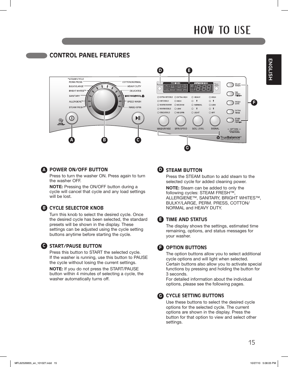 H o w to u s e, Control panel features | LG WM3360HRCA User Manual | Page 15 / 108