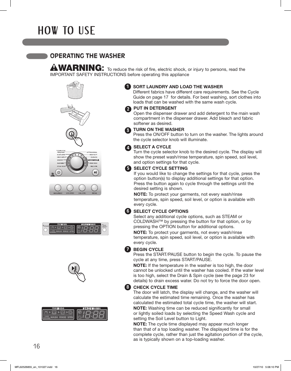 H o w to u s e, Wwarning, Operating the washer | LG WM3360HRCA User Manual | Page 16 / 108