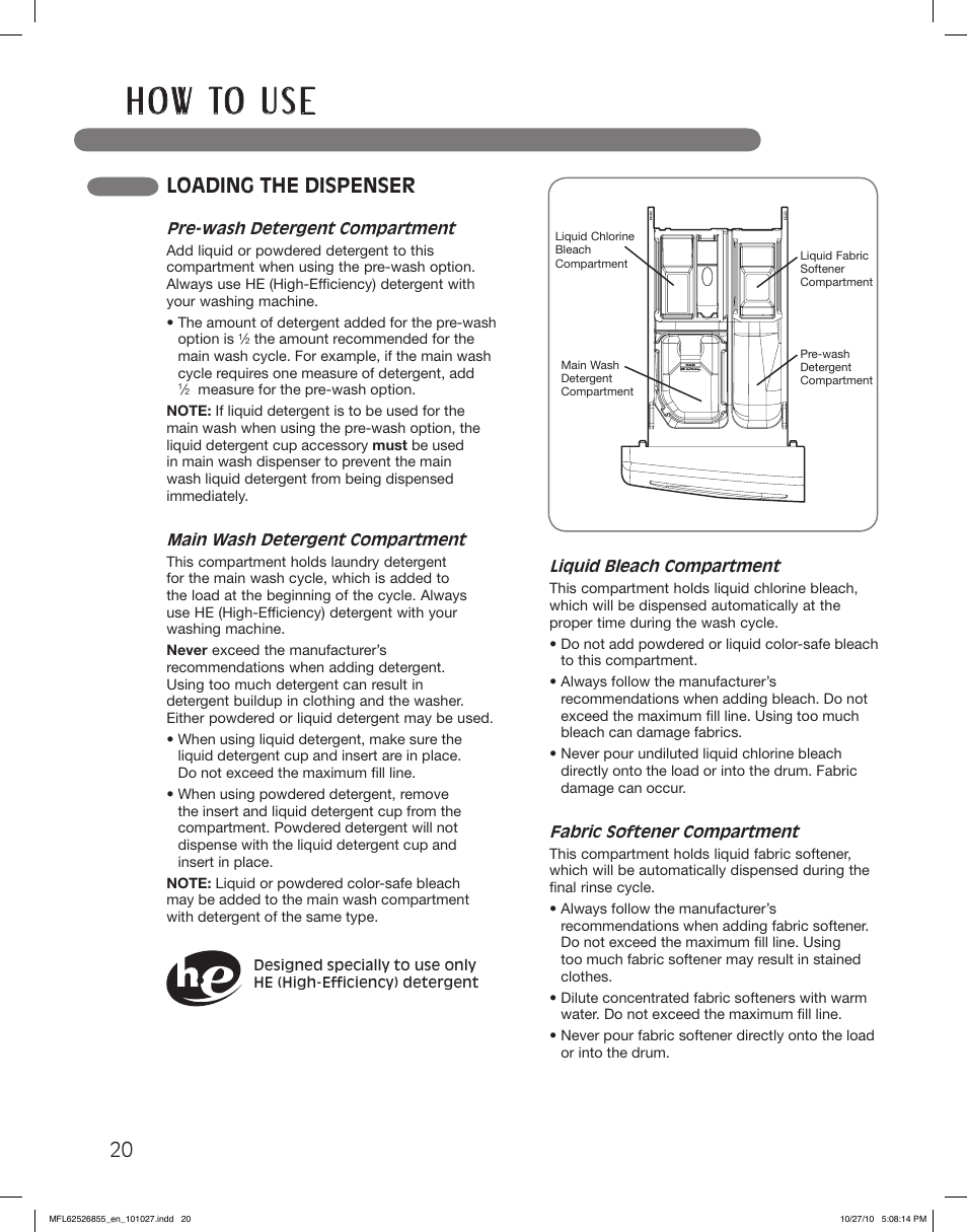 H o w to u s e, Loading the dispenser | LG WM3360HRCA User Manual | Page 20 / 108