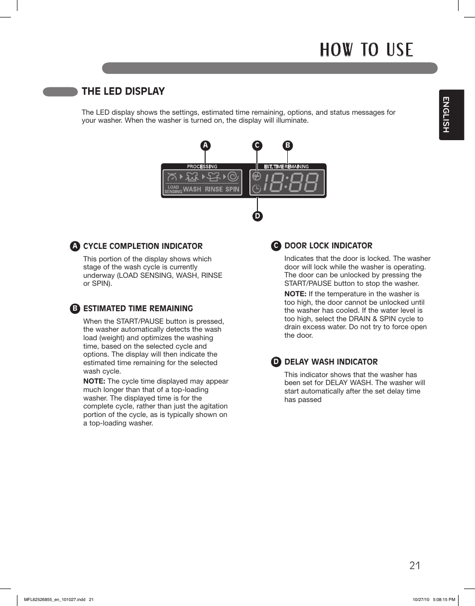 H o w to u s e, The led display | LG WM3360HRCA User Manual | Page 21 / 108