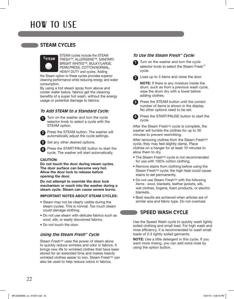 H o w to u s e, Steam cycles speed wash cycle | LG WM3360HRCA User Manual | Page 22 / 108