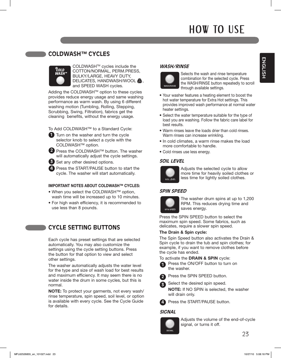 H o w to u s e, Cycle setting buttons, Speed wash cycle | Coldwash™ cycles | LG WM3360HRCA User Manual | Page 23 / 108