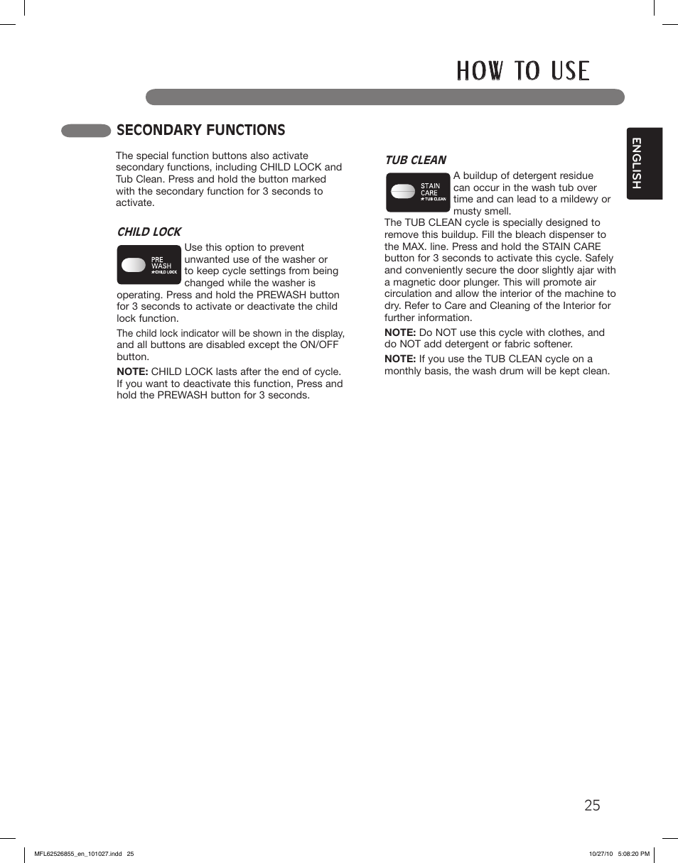 H o w to u s e, Secondary functions | LG WM3360HRCA User Manual | Page 25 / 108