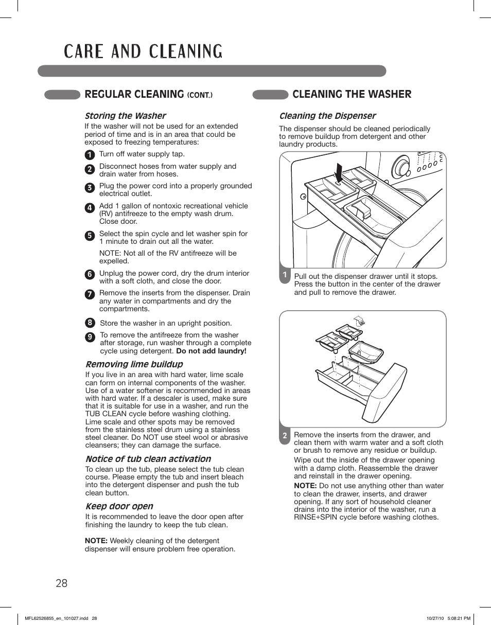 Regular cleaning, Cleaning the washer | LG WM3360HRCA User Manual | Page 28 / 108