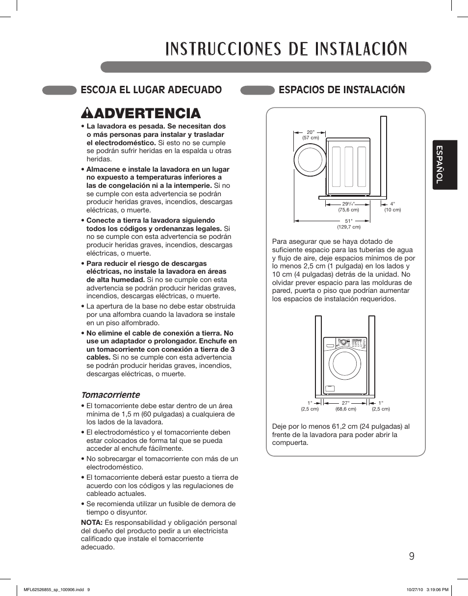 Wadvertencia, Escoja el lugar adecuado espacios de instalación | LG WM3360HRCA User Manual | Page 45 / 108