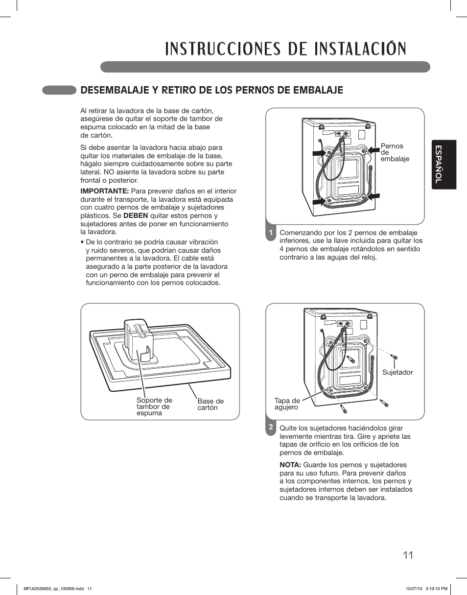 Desembalaje y retiro de los pernos de embalaje | LG WM3360HRCA User Manual | Page 47 / 108