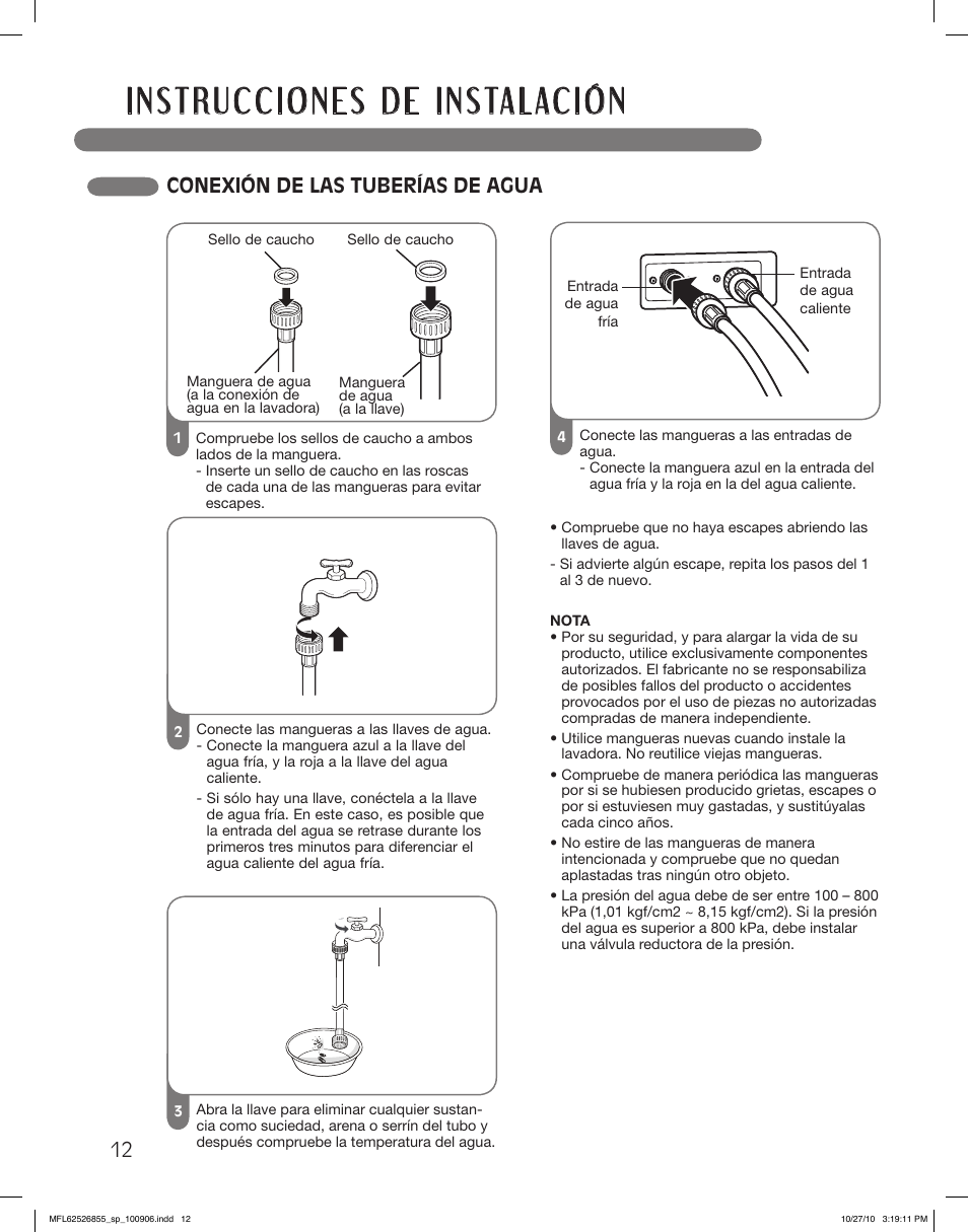 Conexión de las tuberías de agua | LG WM3360HRCA User Manual | Page 48 / 108