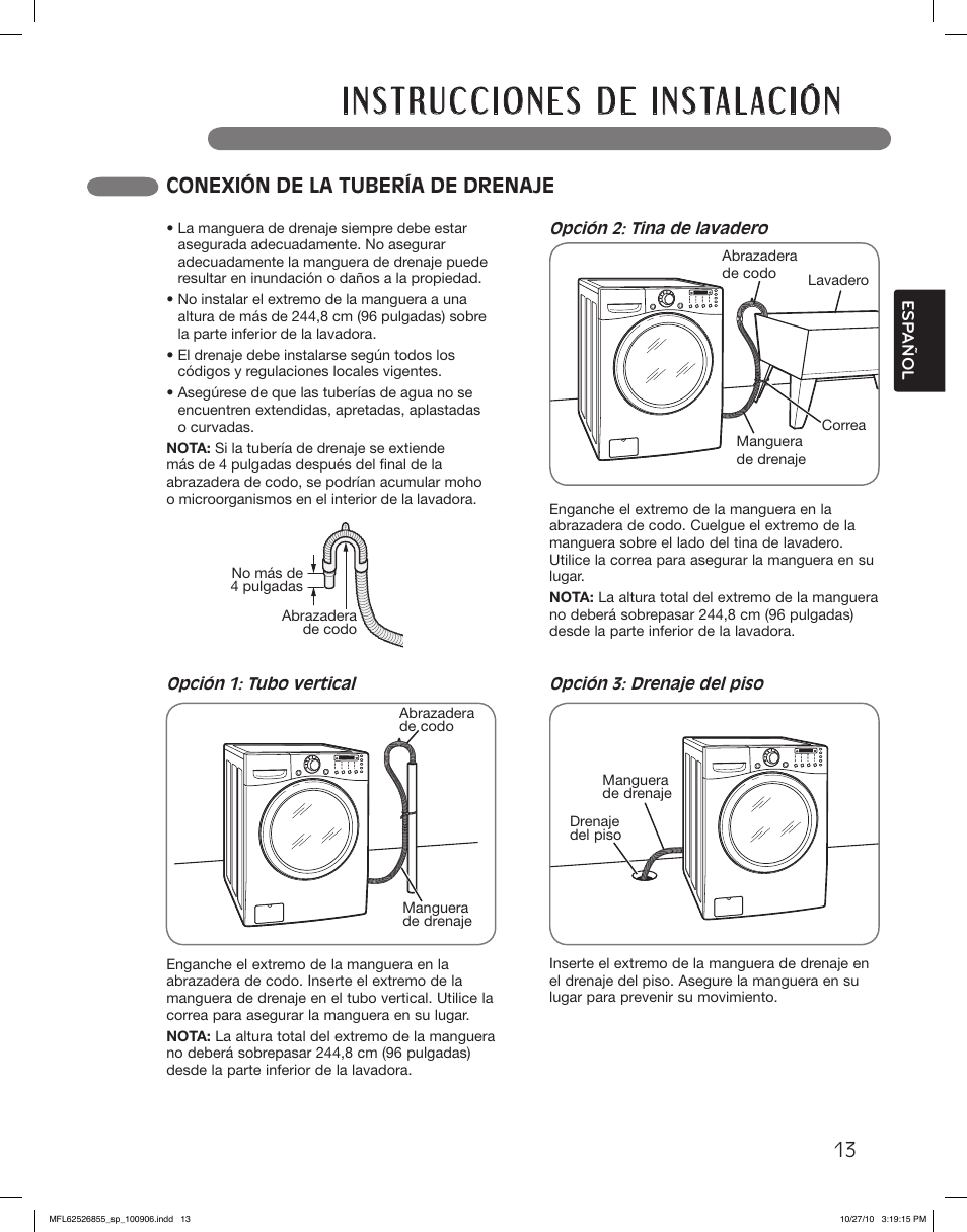 Conexión de la tubería de drenaje | LG WM3360HRCA User Manual | Page 49 / 108