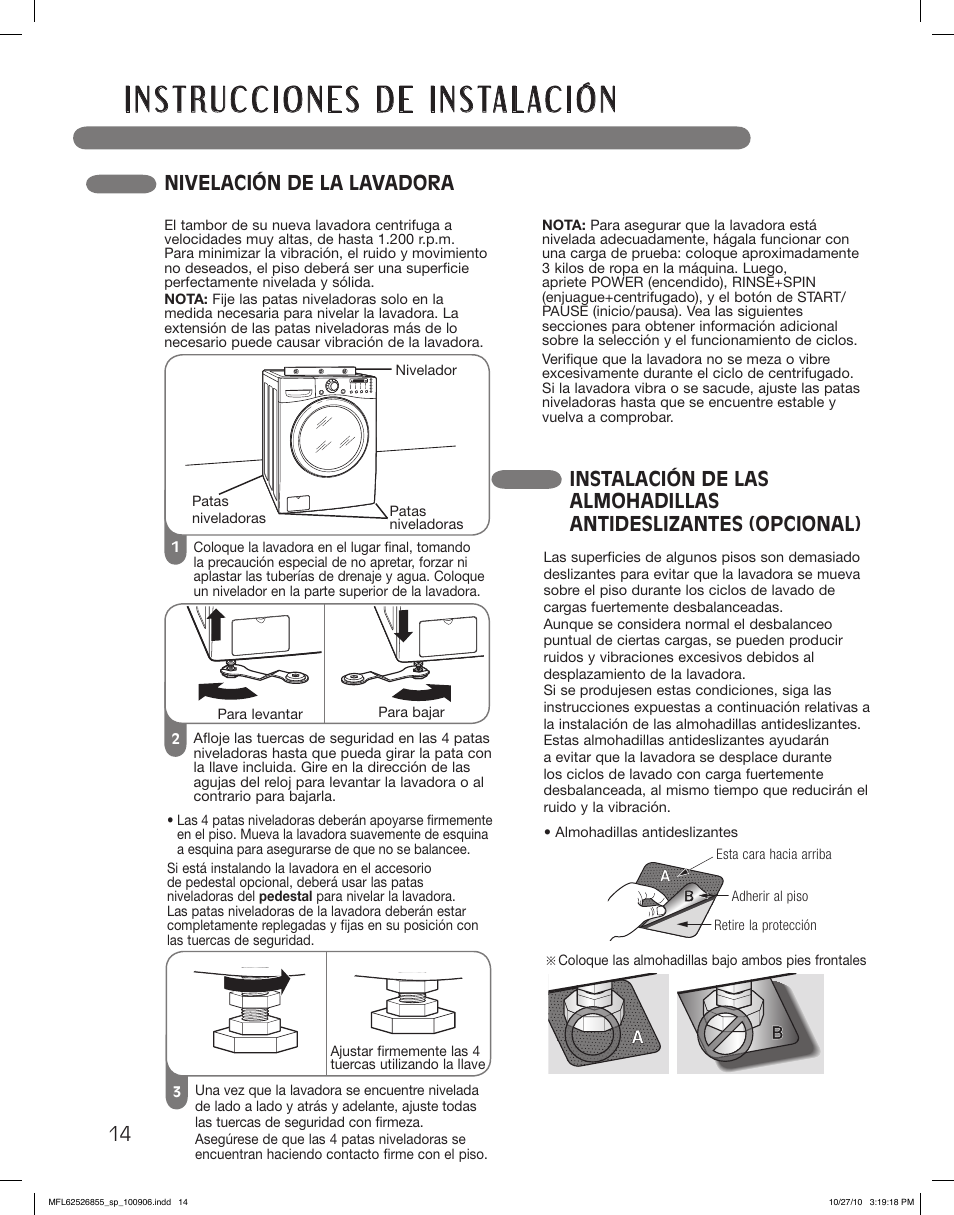 Nivelación de la lavadora | LG WM3360HRCA User Manual | Page 50 / 108