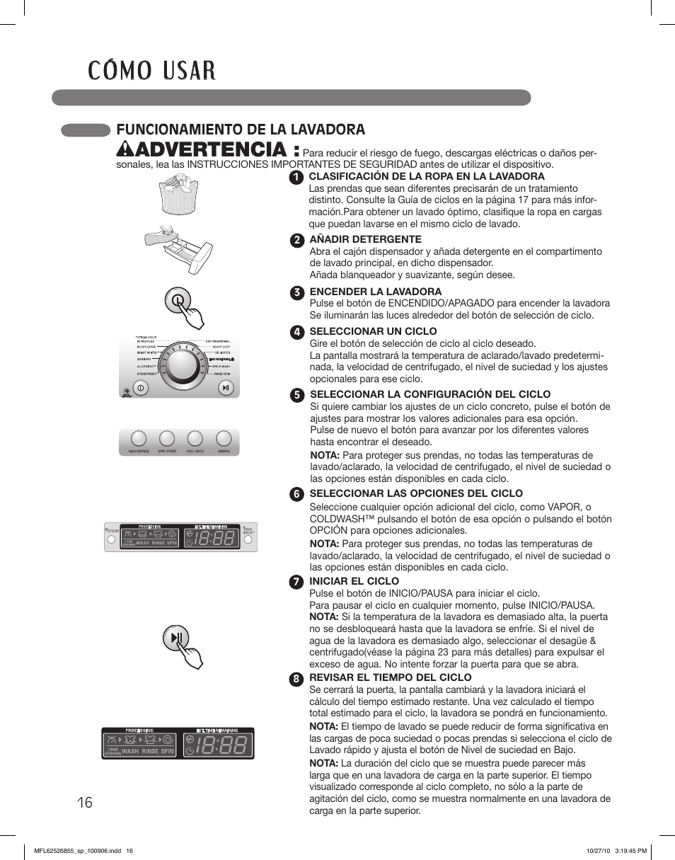 Wadvertencia, Funcionamiento de la lavadora | LG WM3360HRCA User Manual | Page 52 / 108