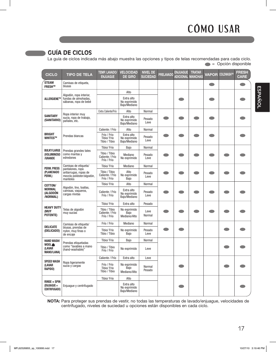 Guía de ciclos, Esp añol | LG WM3360HRCA User Manual | Page 53 / 108