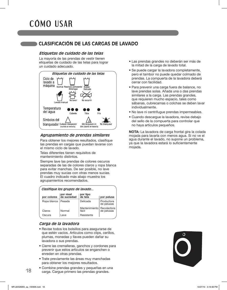 Clasificación de las cargas de lavado | LG WM3360HRCA User Manual | Page 54 / 108